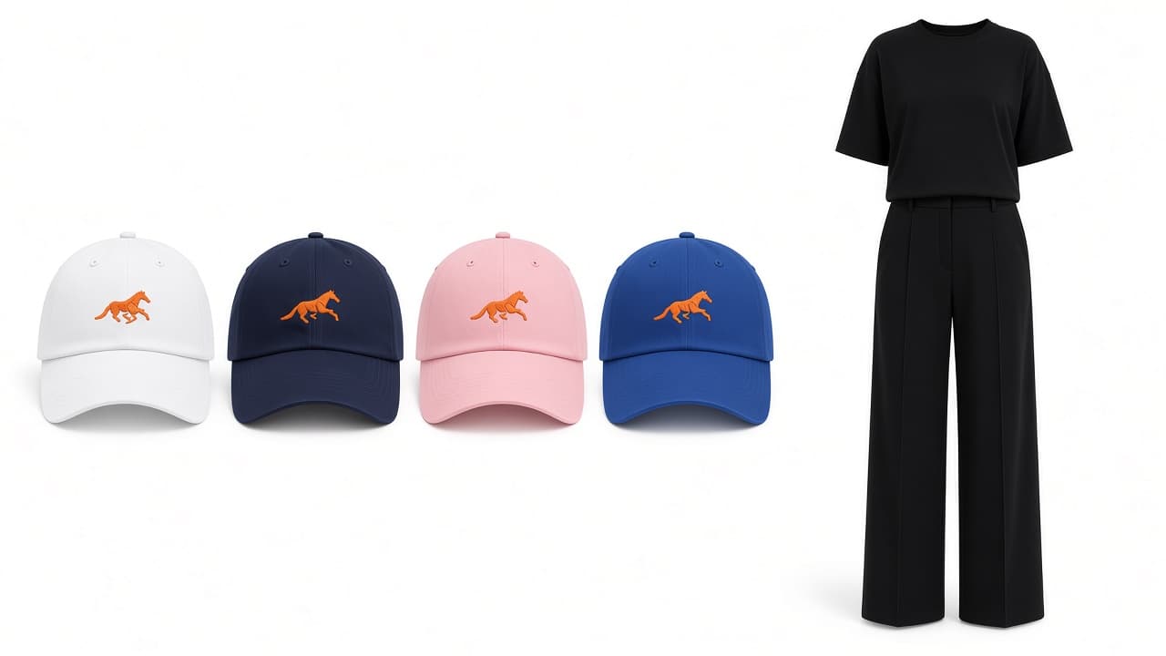Pegaso caps beside a black co-ord on a white studio background